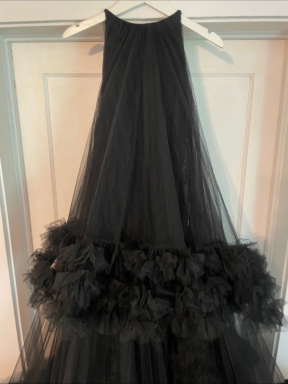 New Mac Duggal Tulle High Neck Sleeveless Ruffled Hem Hi Lo Gown - Picture 6 of 12